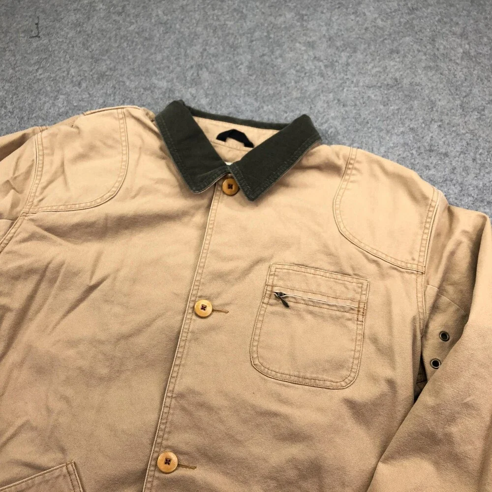 L.L. Bean Coat Mens Large Tall Beige Canvas Button Plaid Lined Outdoor Hiking